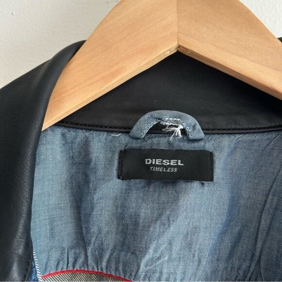 DIESEL Elshar Denim Distressed Jacket Blue Cow Leather Collar Biker - Picture 9 of 15